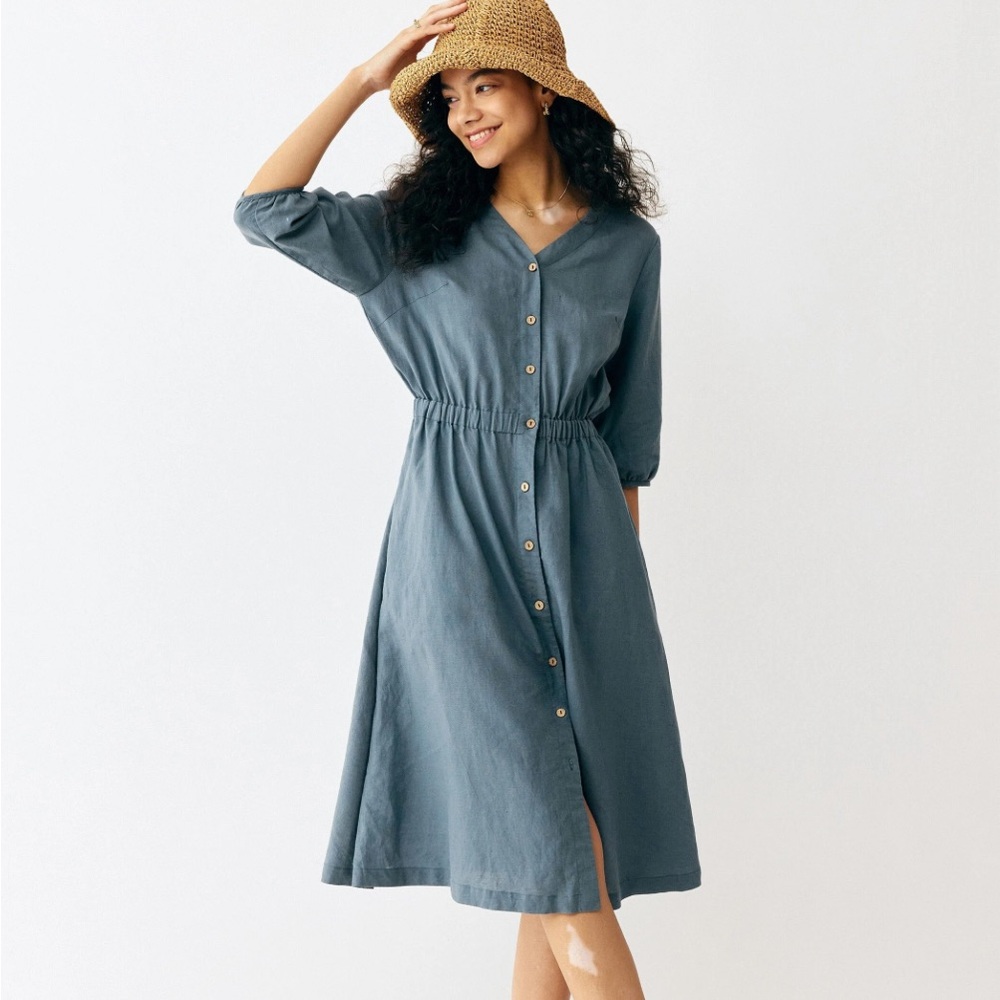 Malala Linen Blend Button Front Elastic Waist Dress - Sea Blue